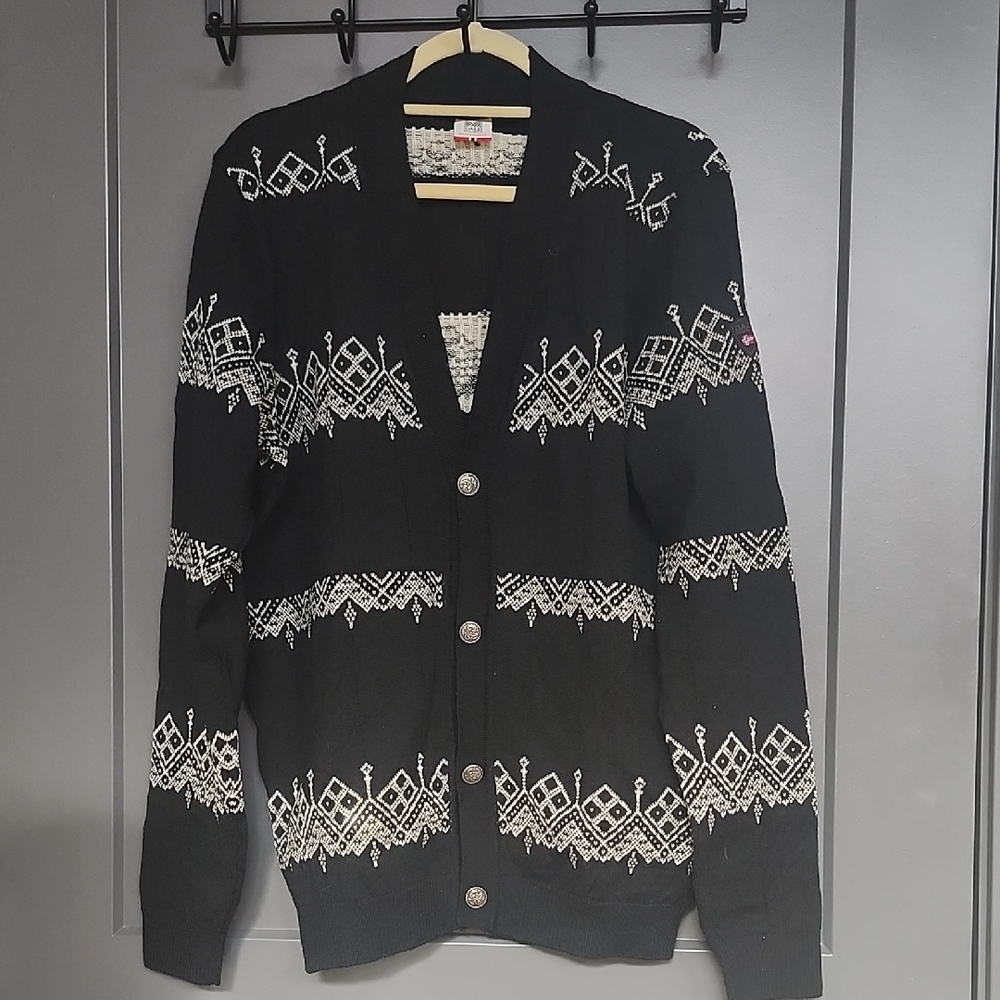 VINTAGE Dale of Norway Black and Cream Patterned Cardigan XL